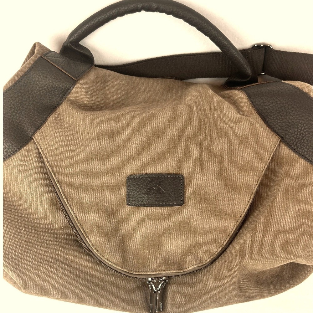 Khaki Canvas and Brown Leather Crossbody Messenger Bag with Front Zip‎ Pocket